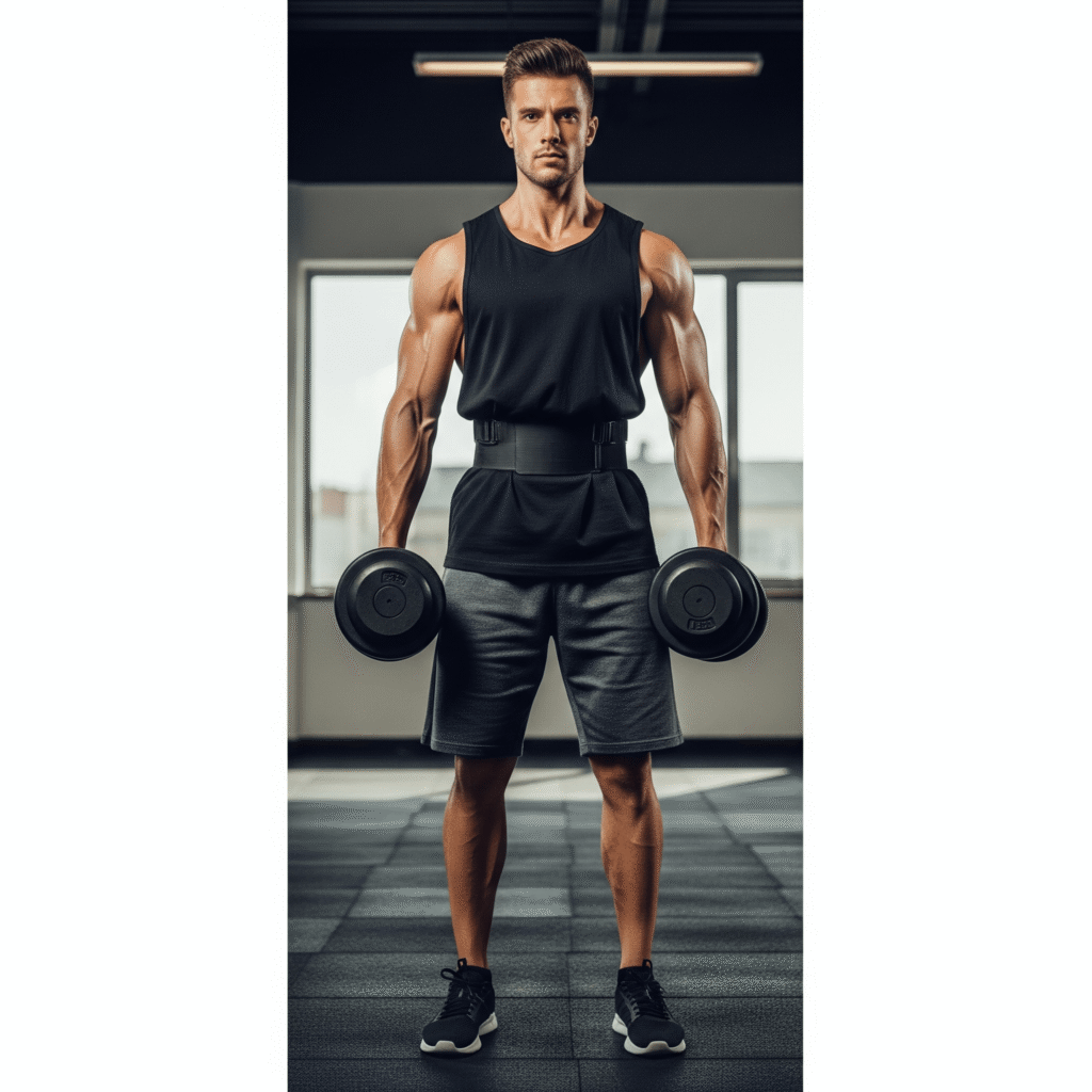 A fit man standing with proper posture while holding a dumbbell in each hand