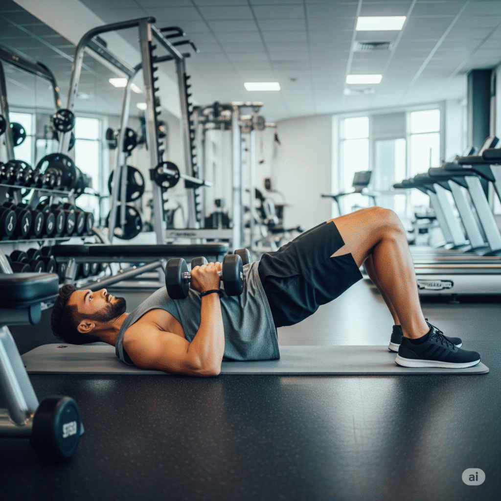 A man performing a Dumbbell Glute Bridge in a gym, with a dumbbell held across his hips to target and strengthen the glute muscles