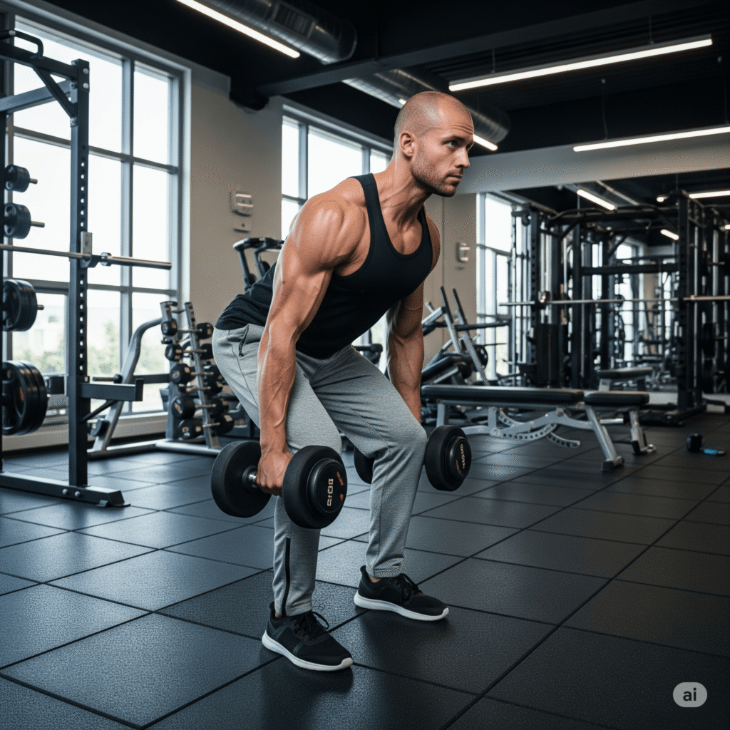 A man performing a Dumbbell Romanian Deadlift with proper form to strengthen his hamstrings and glutes as part of a leg workout.