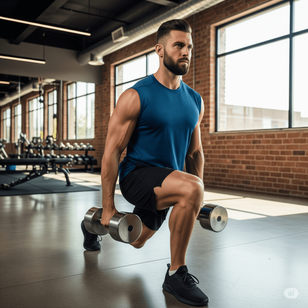 A fit man performing Dumbbell Walking Lunges across a gym floor as part of his leg day routine